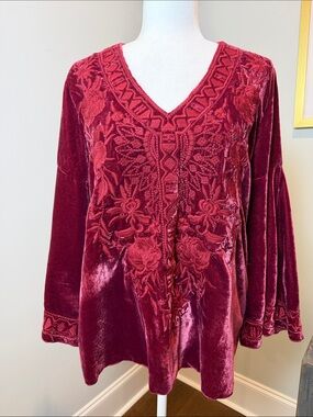 Karyn Seo Velvet Embroidered V-Neck Tunic in Burgundy. Size Small.